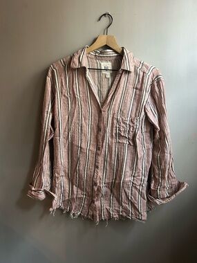 Billabong Crinkle Striped Button Down with Raw Hem